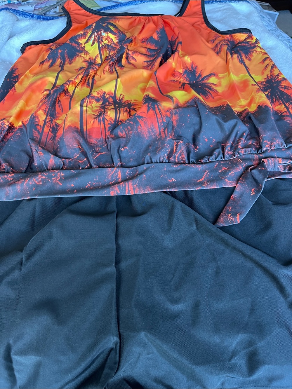 Women’s Swim Suit with Orange Sunset Palm Top and Black Bottoms - 2-Piece - Picture 9 of 9